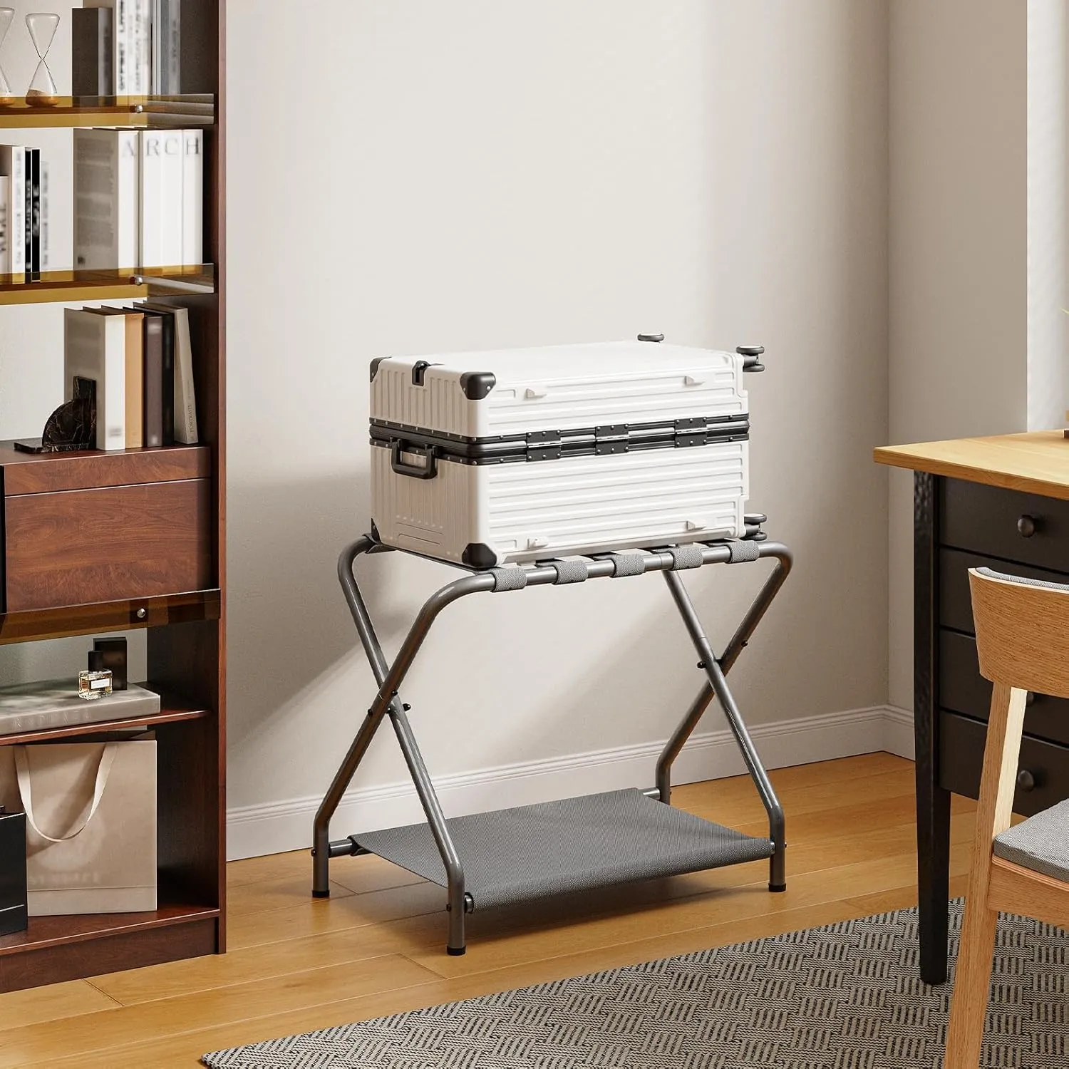 HOOBRO Luggage Rack, Pack of 2, Folding Suitcase Stand with Fabric Storage Shelf for Guest Room, Bedroom, Hotel, Holds up to 100 lb, 27 x 15.3 x 22 Inches, Space Saving, Gray GY04XLP201