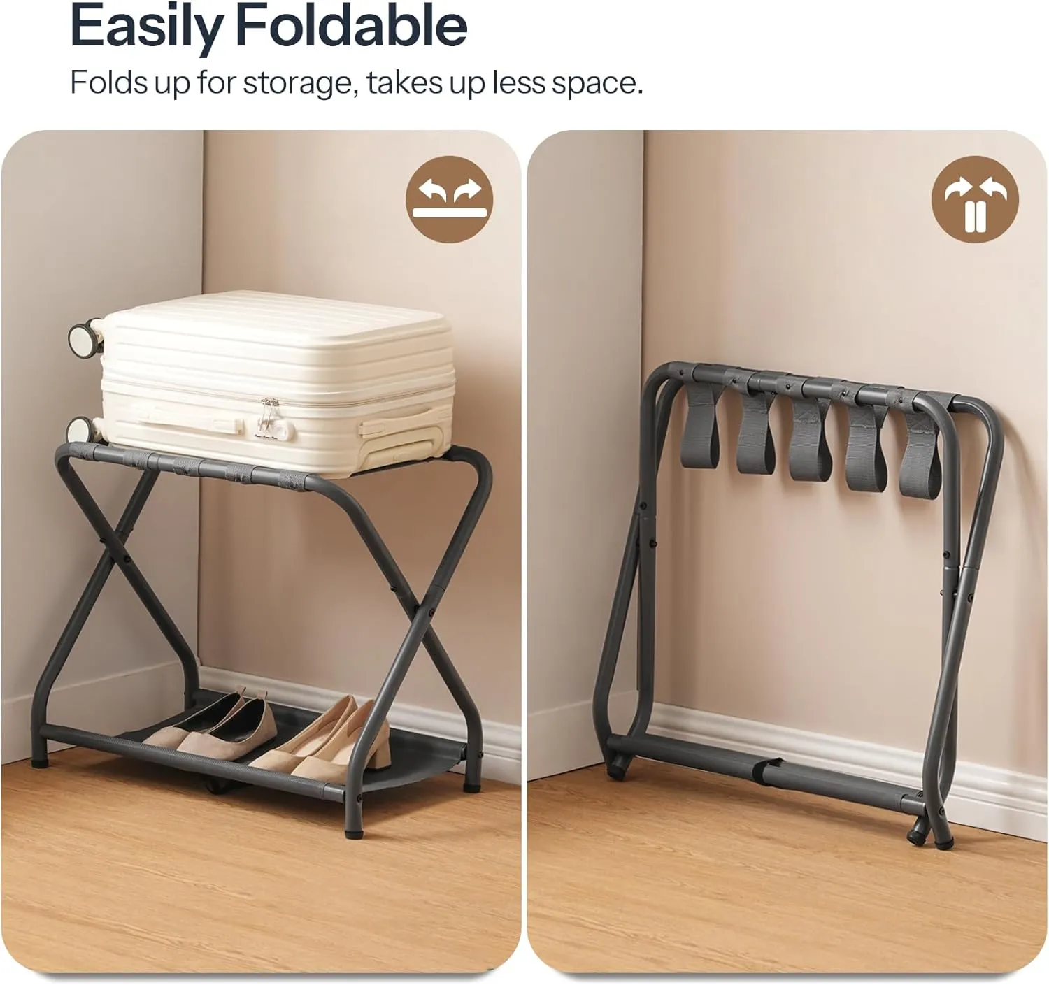 HOOBRO Luggage Rack, Pack of 2, Folding Suitcase Stand with Fabric Storage Shelf for Guest Room, Bedroom, Hotel, Holds up to 100 lb, 27 x 15.3 x 22 Inches, Space Saving, Gray GY04XLP201