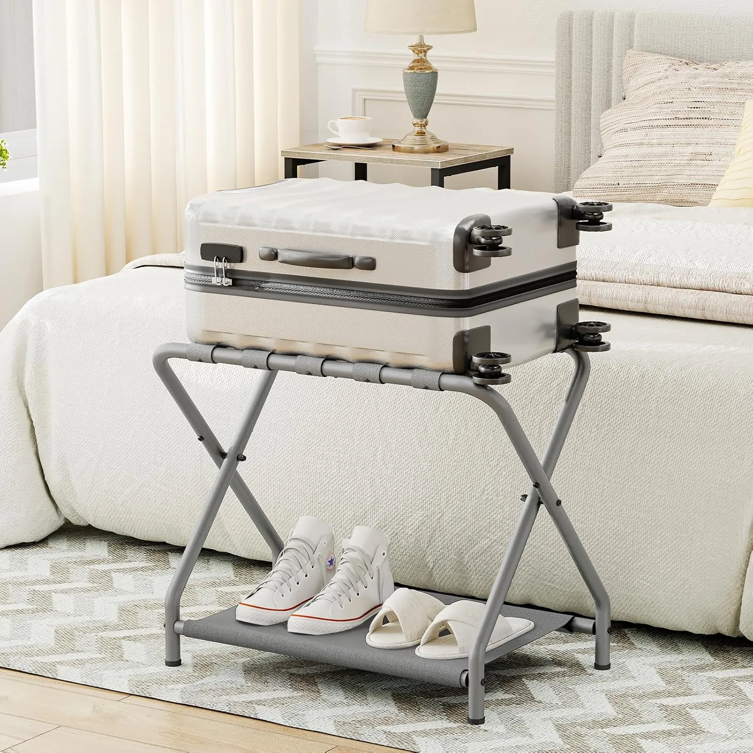 HOOBRO Luggage Rack, Pack of 2, Folding Suitcase Stand with Fabric Storage Shelf for Guest Room, Bedroom, Hotel, Holds up to 100 lb, 27 x 15.3 x 22 Inches, Space Saving, Gray GY04XLP201