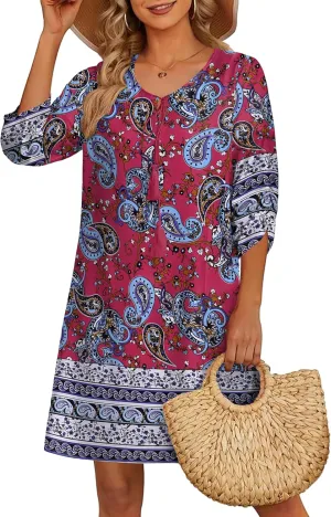 HOTOUCH Women Casual Beach Summer Dress Boho Tassel Tie Neck 3/4 Long Sleeve Short Floral Print Flowy Cover Up Sundresses