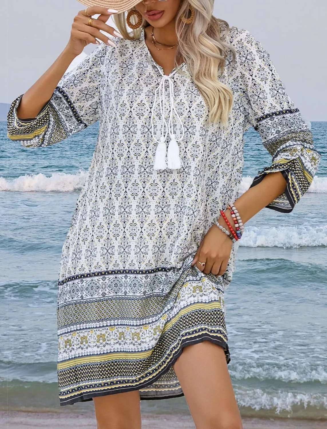 HOTOUCH Women Casual Beach Summer Dress Boho Tassel Tie Neck 3/4 Long Sleeve Short Floral Print Flowy Cover Up Sundresses
