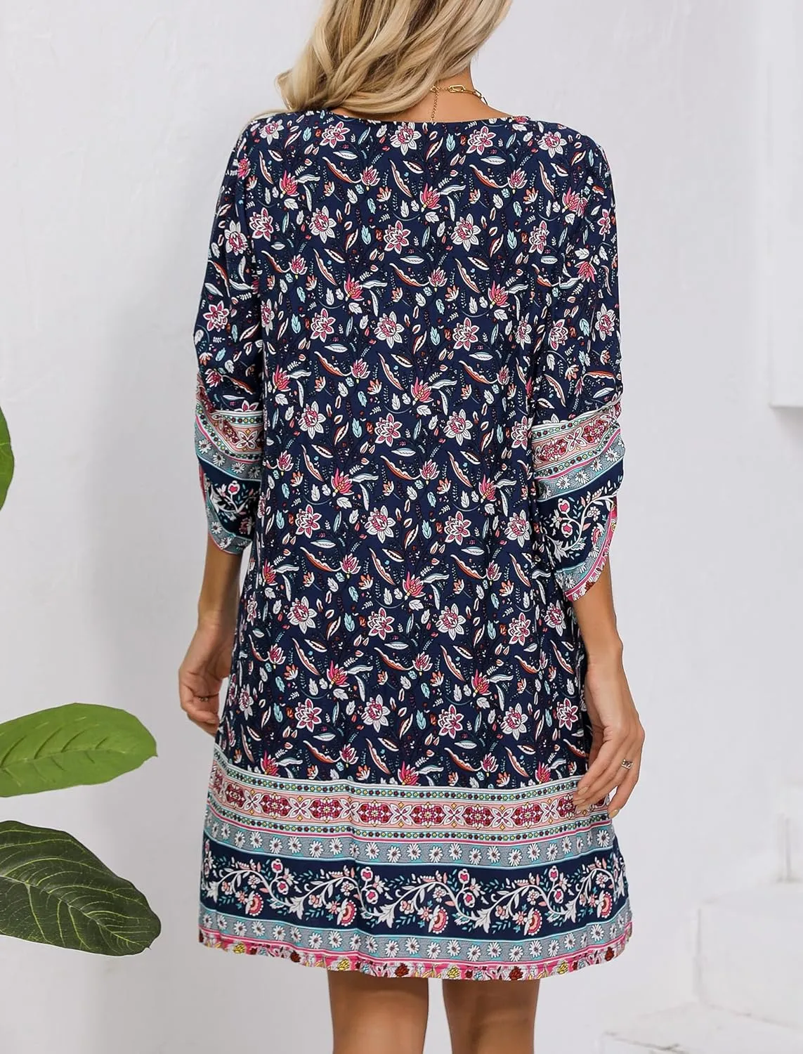 HOTOUCH Women Casual Beach Summer Dress Boho Tassel Tie Neck 3/4 Long Sleeve Short Floral Print Flowy Cover Up Sundresses