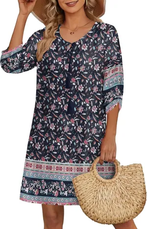 HOTOUCH Women Casual Beach Summer Dress Boho Tassel Tie Neck 3/4 Long Sleeve Short Floral Print Flowy Cover Up Sundresses