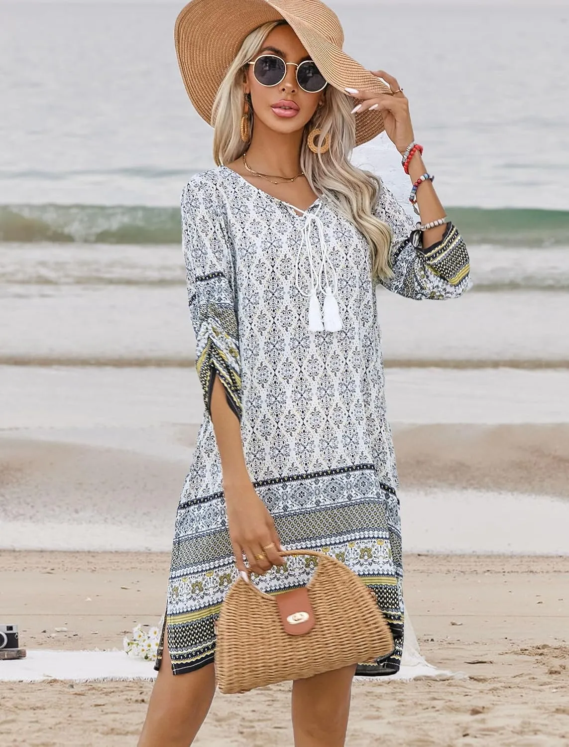 HOTOUCH Women Casual Beach Summer Dress Boho Tassel Tie Neck 3/4 Long Sleeve Short Floral Print Flowy Cover Up Sundresses