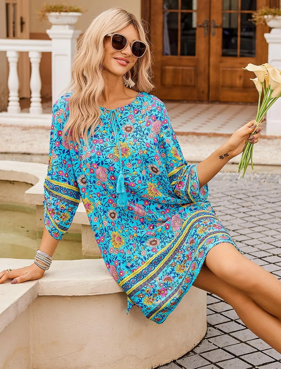 HOTOUCH Women Casual Beach Summer Dress Boho Tassel Tie Neck 3/4 Long Sleeve Short Floral Print Flowy Cover Up Sundresses