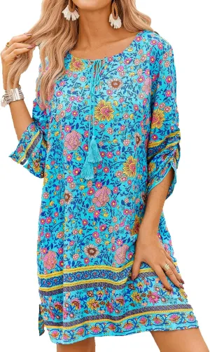 HOTOUCH Women Casual Beach Summer Dress Boho Tassel Tie Neck 3/4 Long Sleeve Short Floral Print Flowy Cover Up Sundresses