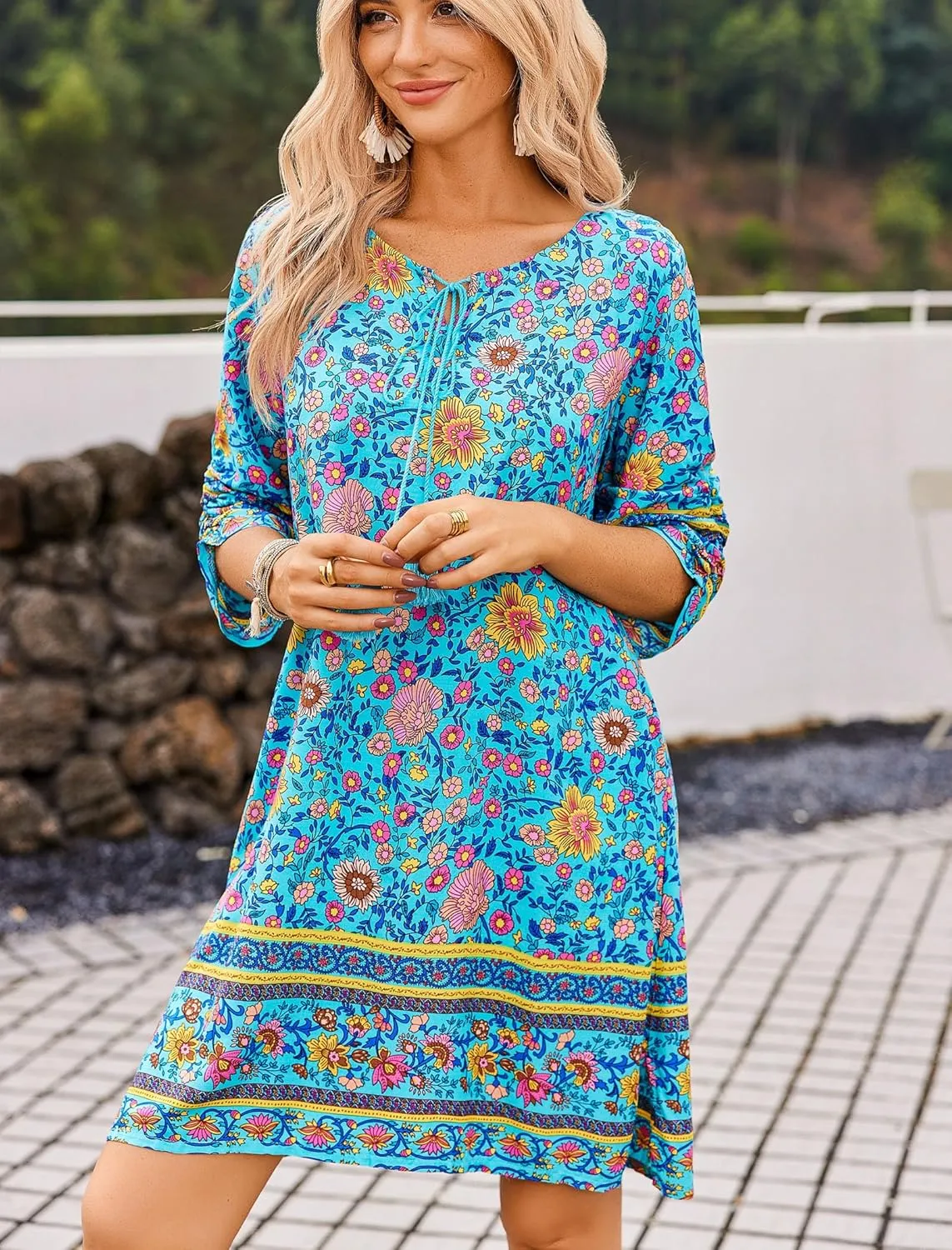 HOTOUCH Women Casual Beach Summer Dress Boho Tassel Tie Neck 3/4 Long Sleeve Short Floral Print Flowy Cover Up Sundresses