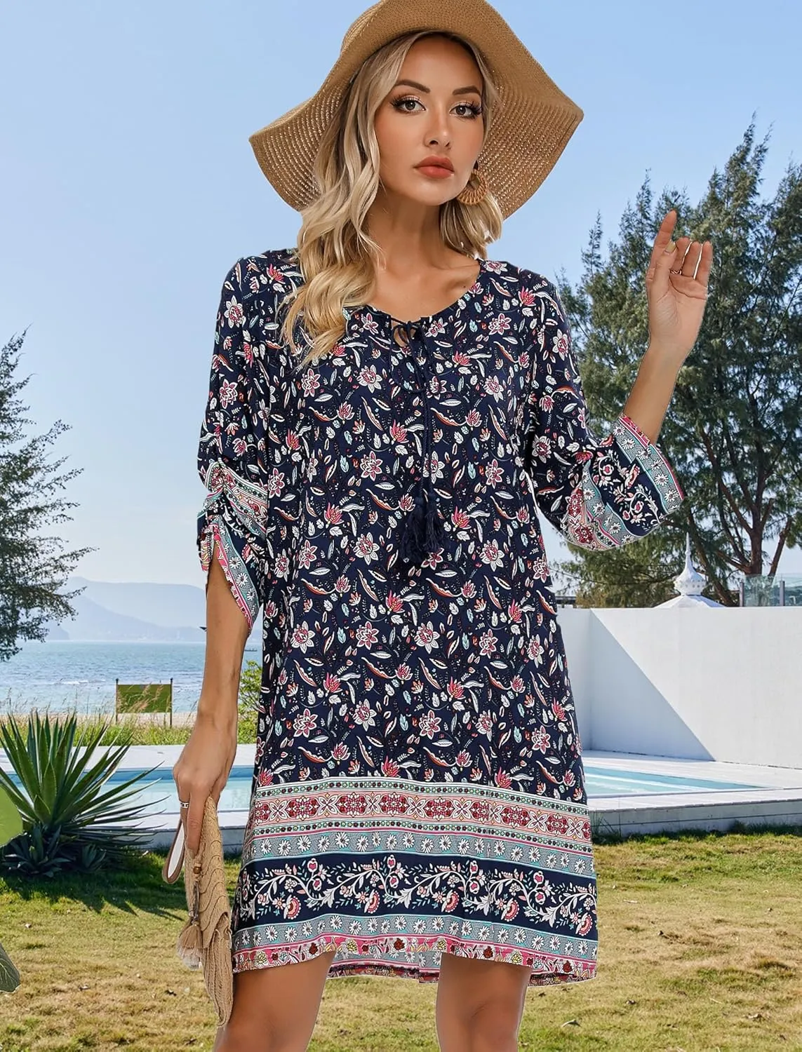 HOTOUCH Women Casual Beach Summer Dress Boho Tassel Tie Neck 3/4 Long Sleeve Short Floral Print Flowy Cover Up Sundresses