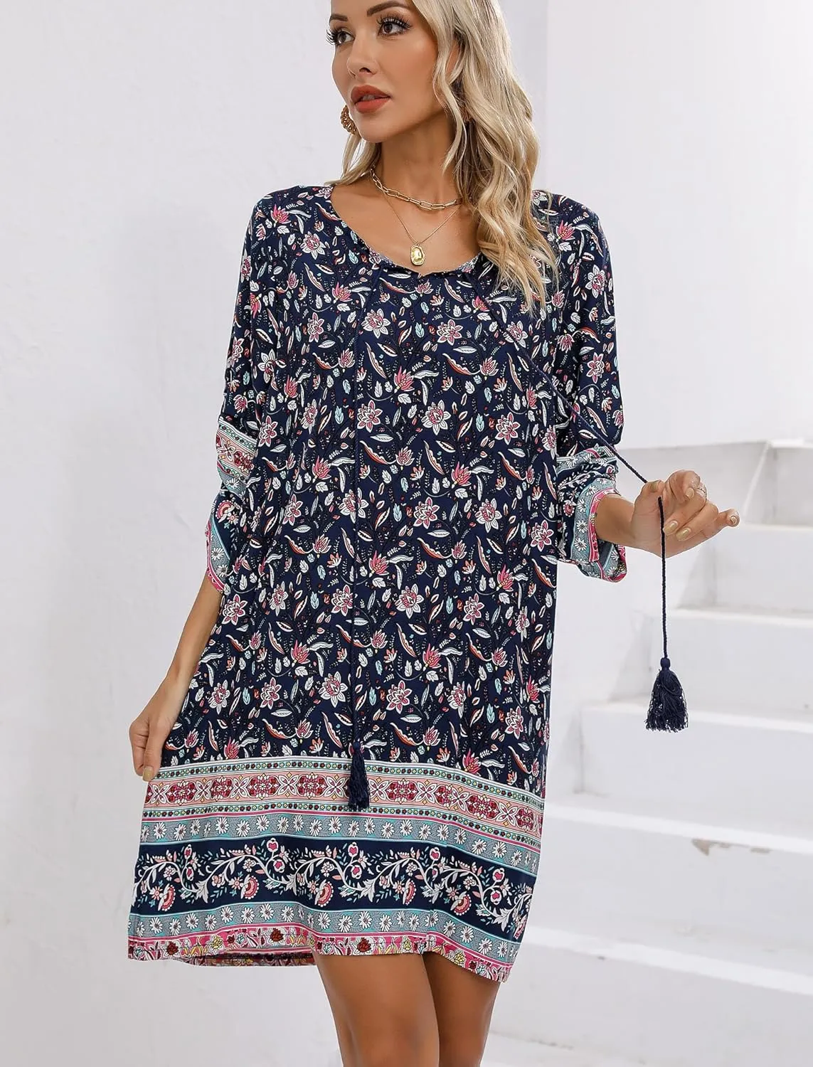 HOTOUCH Women Casual Beach Summer Dress Boho Tassel Tie Neck 3/4 Long Sleeve Short Floral Print Flowy Cover Up Sundresses