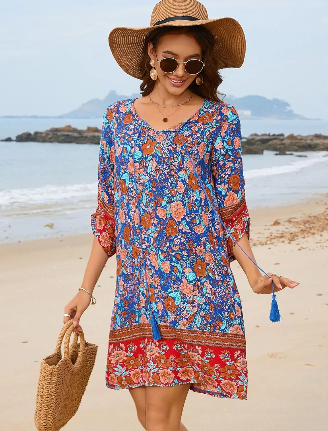 HOTOUCH Women Casual Summer Dress Boho Tassel Tie Neck Cover Up 3/4 Long Sleeve Short Floral Print Flowy Beach Sundresses