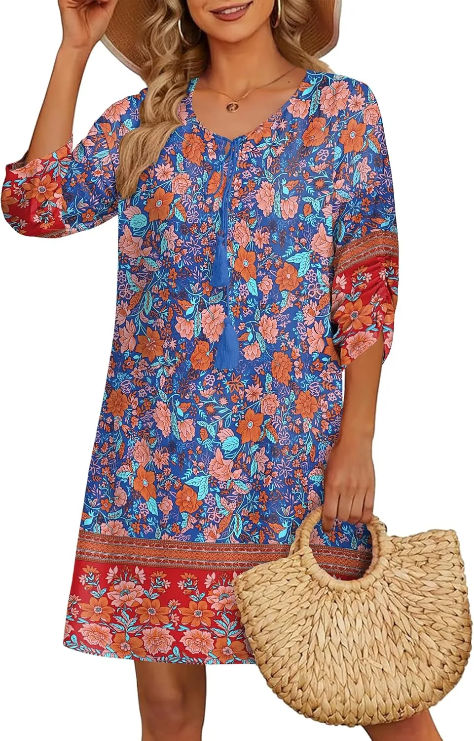 HOTOUCH Women Casual Summer Dress Boho Tassel Tie Neck Cover Up 3/4 Long Sleeve Short Floral Print Flowy Beach Sundresses
