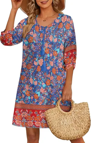 HOTOUCH Women Casual Summer Dress Boho Tassel Tie Neck Cover Up 3/4 Long Sleeve Short Floral Print Flowy Beach Sundresses