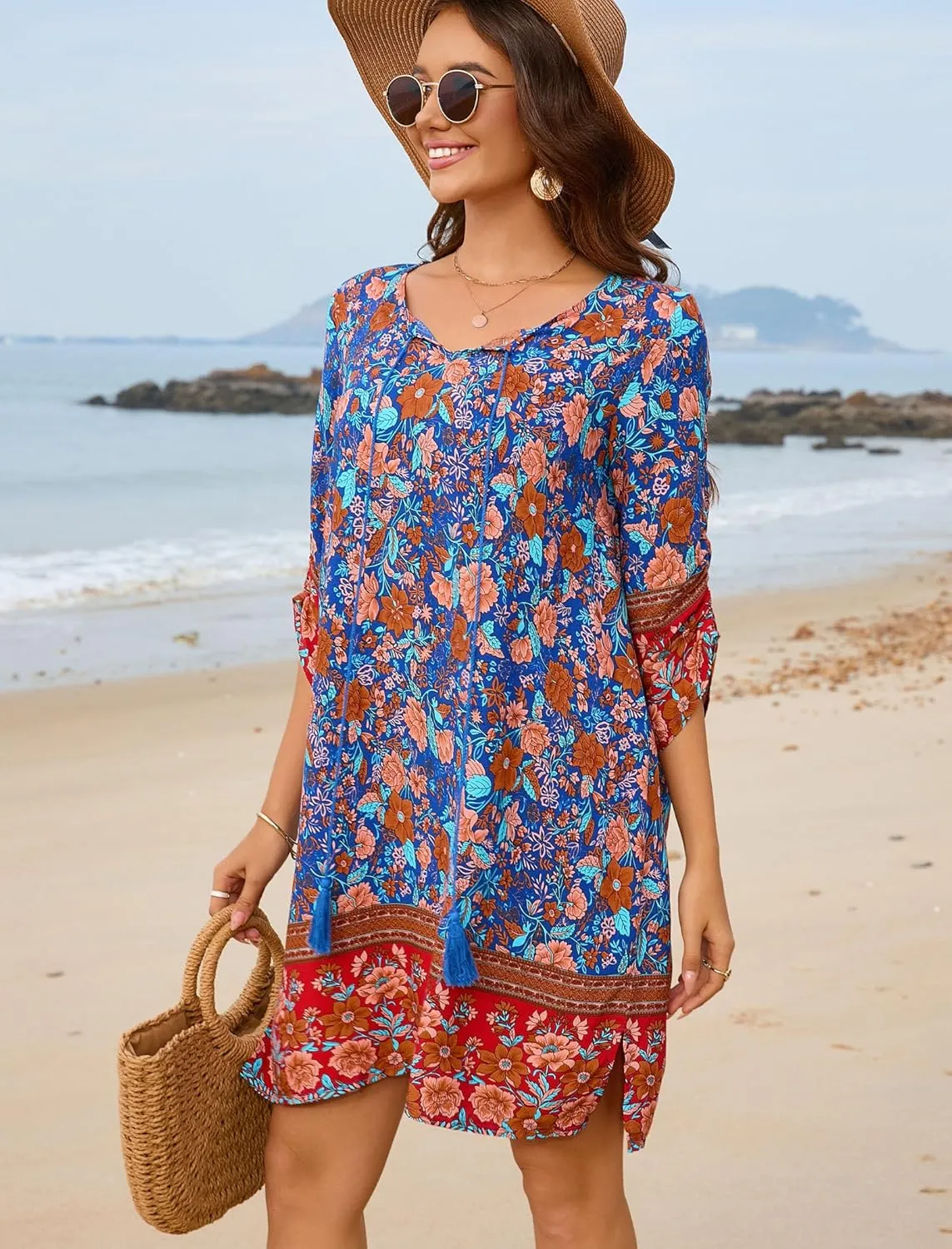 HOTOUCH Women Casual Summer Dress Boho Tassel Tie Neck Cover Up 3/4 Long Sleeve Short Floral Print Flowy Beach Sundresses