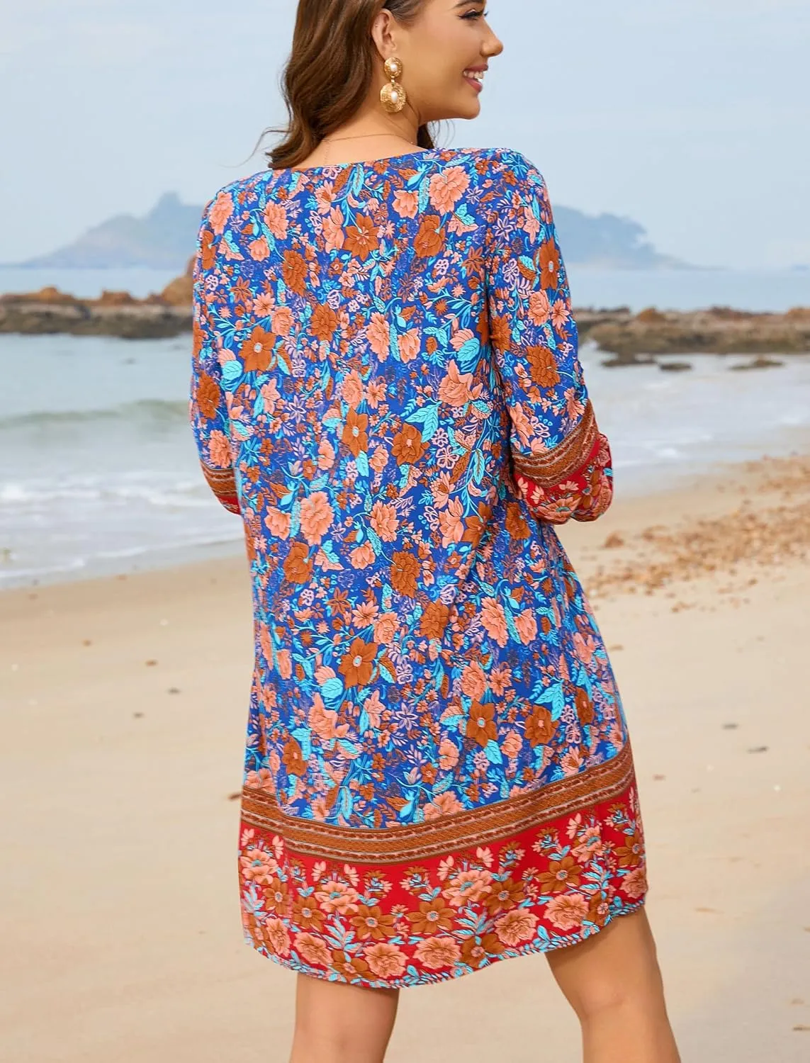 HOTOUCH Women Casual Summer Dress Boho Tassel Tie Neck Cover Up 3/4 Long Sleeve Short Floral Print Flowy Beach Sundresses