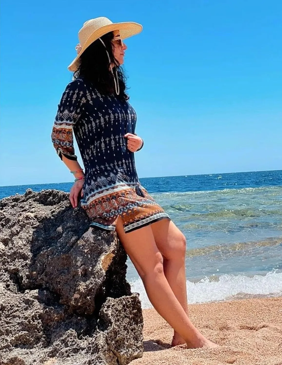 HOTOUCH Women Casual Summer Dress Boho Tassel Tie Neck Cover Up 3/4 Long Sleeve Short Floral Print Flowy Beach Sundresses