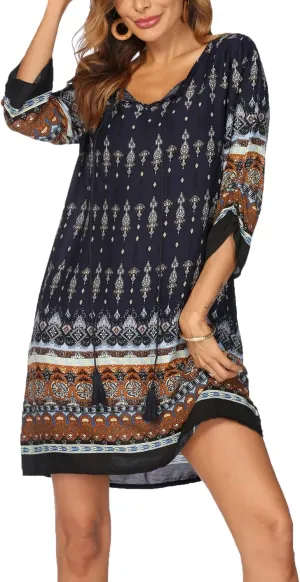 HOTOUCH Women's 2025 Summer Boho Women Travel Dress with Sleeves Floral Print Round Neck Ruffle Swing Beach Long Maxi Dress Navy M