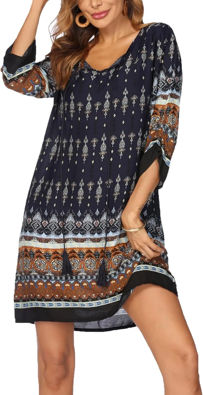HOTOUCH Women's 2025 Summer Boho Women Travel Dress with Sleeves Floral Print Round Neck Ruffle Swing Beach Long Maxi Dress Navy M