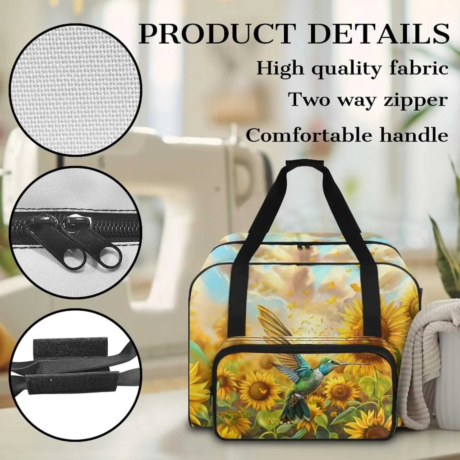 Hummingbird Sunflowers Sewing Machine Tote Bag Two Way Zipper Household Sewing Machine Handbags Portable Sewing Machine Case for Outdoor Traveling Use (Bag Only) Thanksgiving Decor