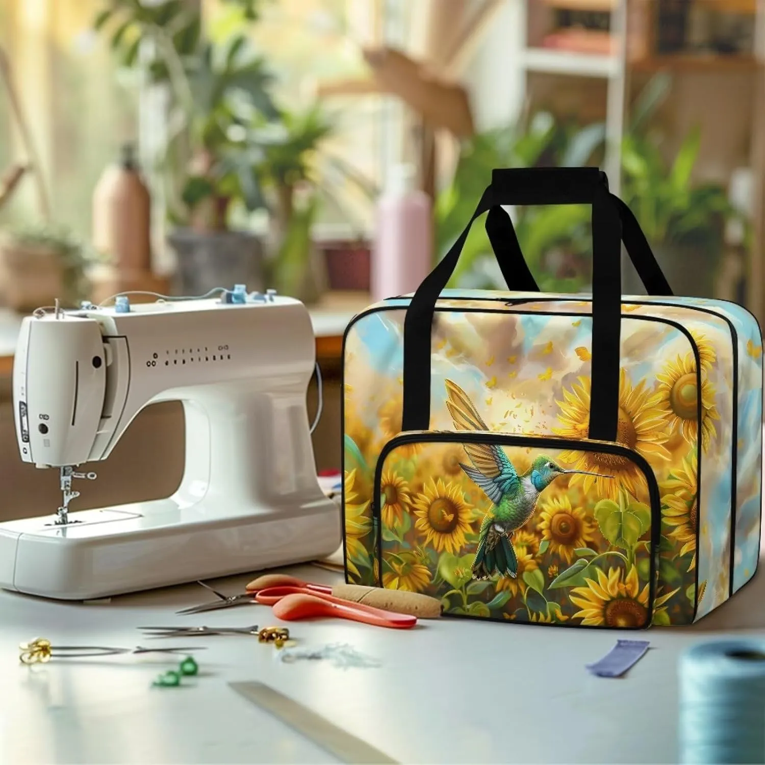 Hummingbird Sunflowers Sewing Machine Tote Bag Two Way Zipper Household Sewing Machine Handbags Portable Sewing Machine Case for Outdoor Traveling Use (Bag Only) Thanksgiving Decor