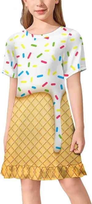 Ice Cream Cone Girls' Short Sleeve Summer Dress Kids Crewneck Loose Casual Dresses