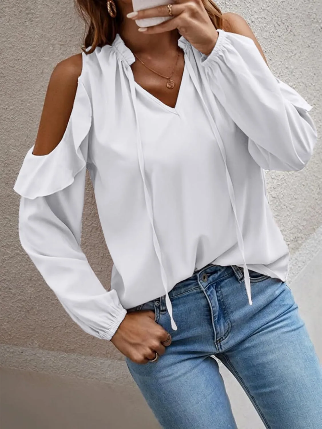 IFFEI Womens Long Sleeve Shirts Dressy Casual Leopard Print Tops Cold Shoulder Ruffle V Neck Loose Fit Blouses