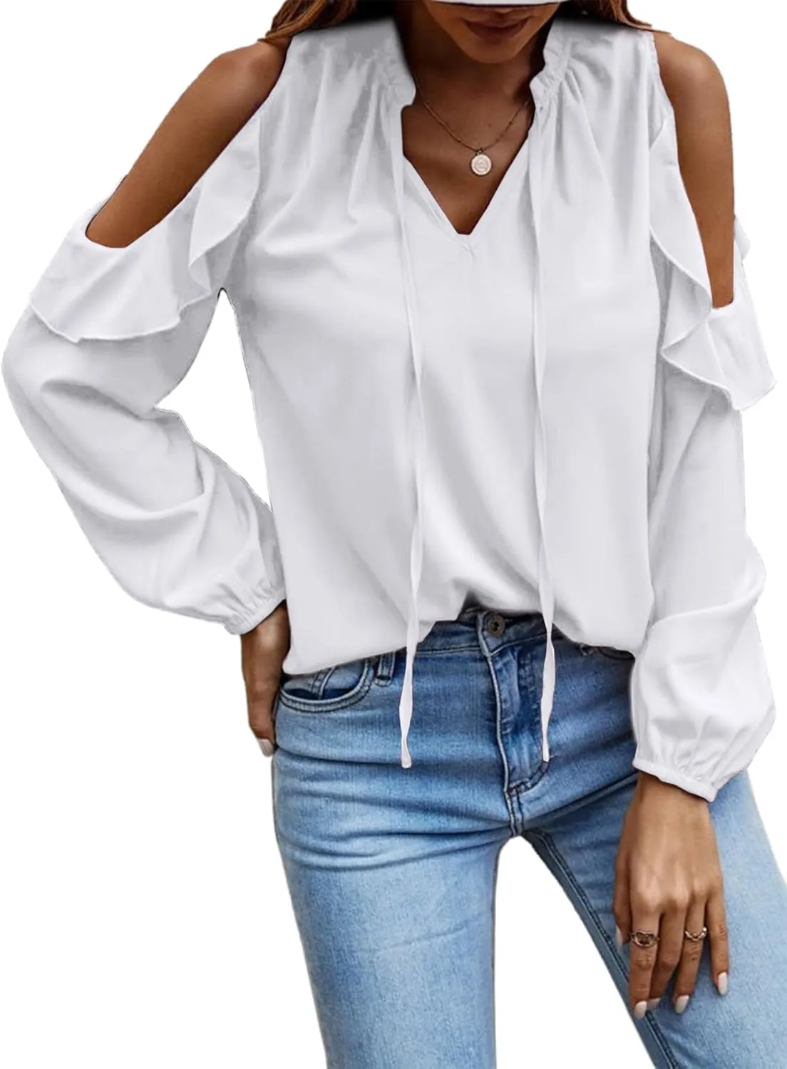 IFFEI Womens Long Sleeve Shirts Dressy Casual Leopard Print Tops Cold Shoulder Ruffle V Neck Loose Fit Blouses