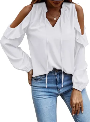 IFFEI Womens Long Sleeve Shirts Dressy Casual Leopard Print Tops Cold Shoulder Ruffle V Neck Loose Fit Blouses