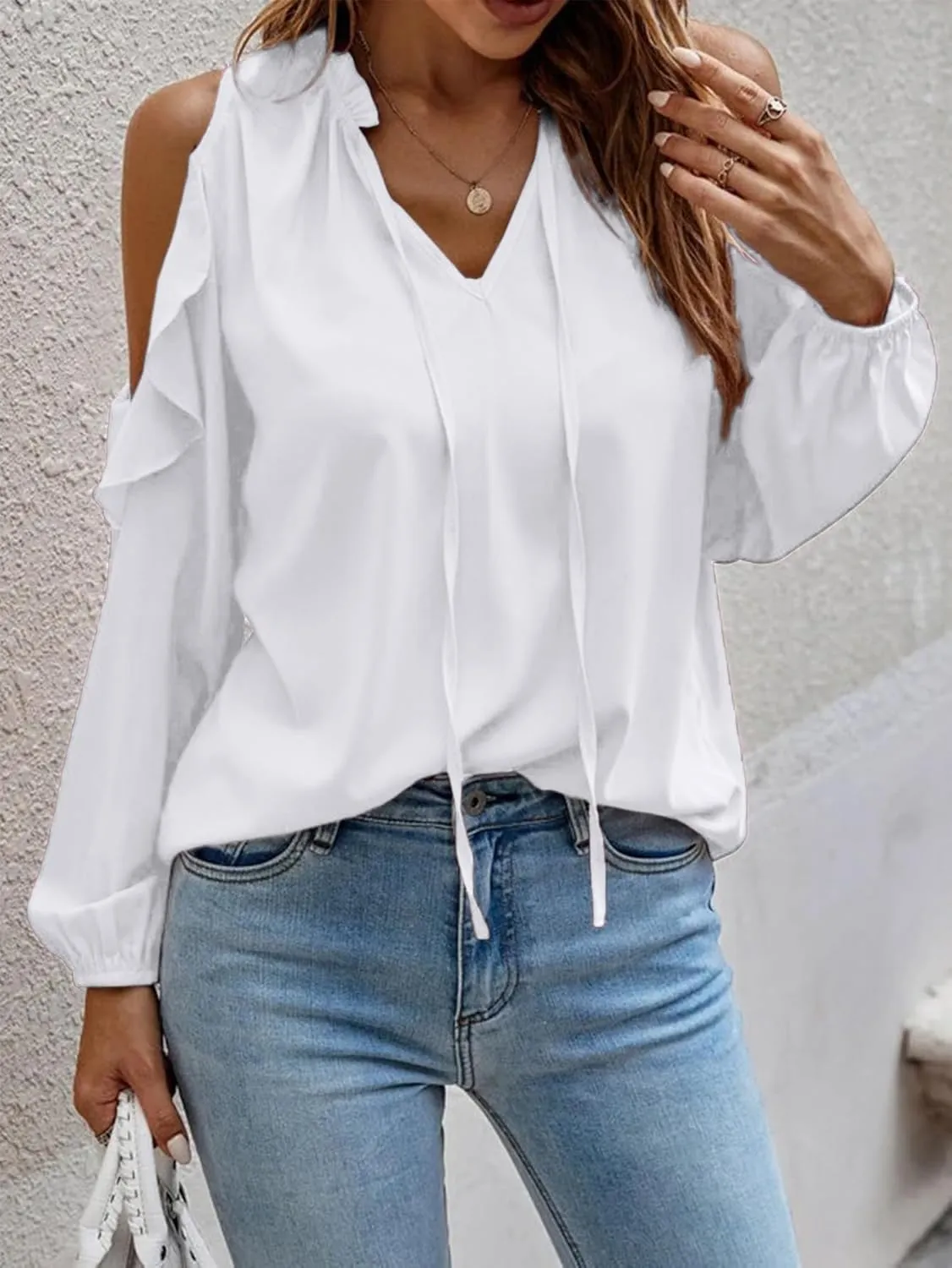 IFFEI Womens Long Sleeve Shirts Dressy Casual Leopard Print Tops Cold Shoulder Ruffle V Neck Loose Fit Blouses