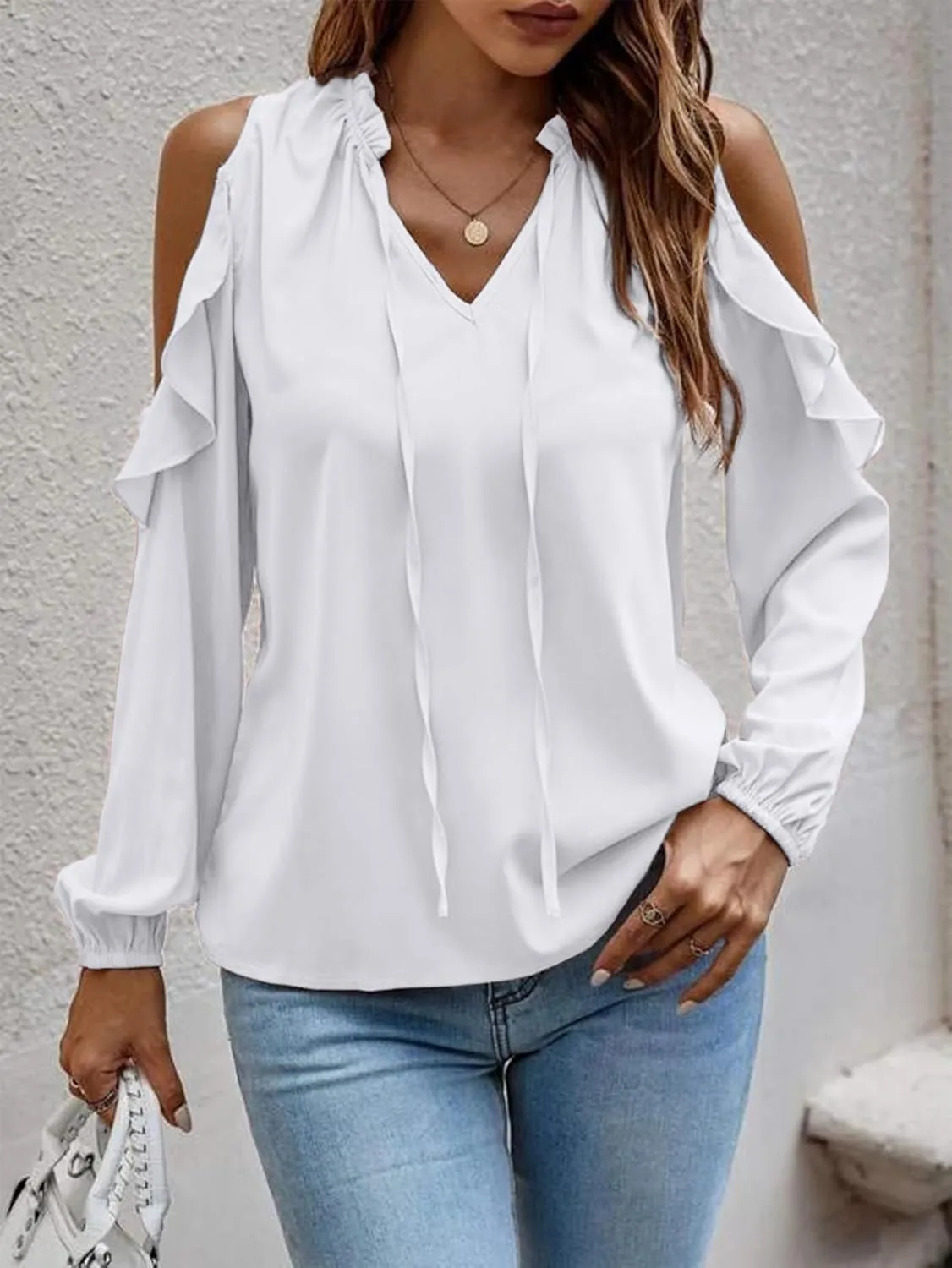 IFFEI Womens Long Sleeve Shirts Dressy Casual Leopard Print Tops Cold Shoulder Ruffle V Neck Loose Fit Blouses