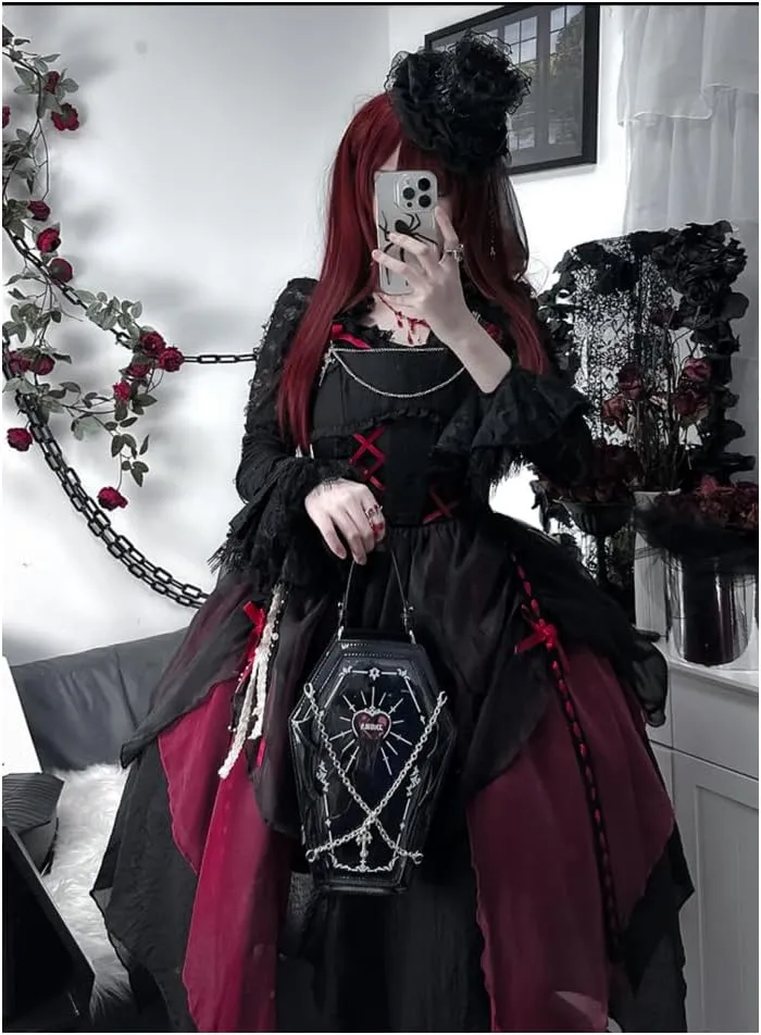 Ita Bag Backpack Gothic Coffin Purses and Handbags for Women Halloween Shoulder Bag with Insert and Chains (Red)