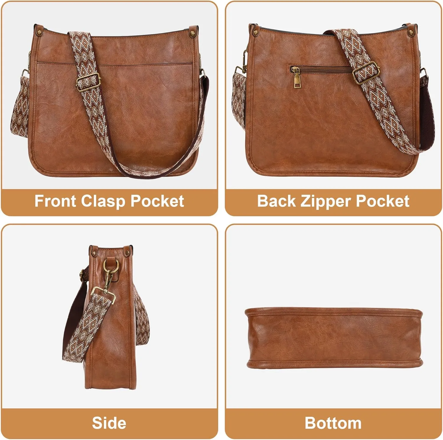 JAMfit Crossbody Bag for Women Vegan Leather Hobo Handbags Trendy Shoulder Purse Handbag With 2 Adjustable Strap