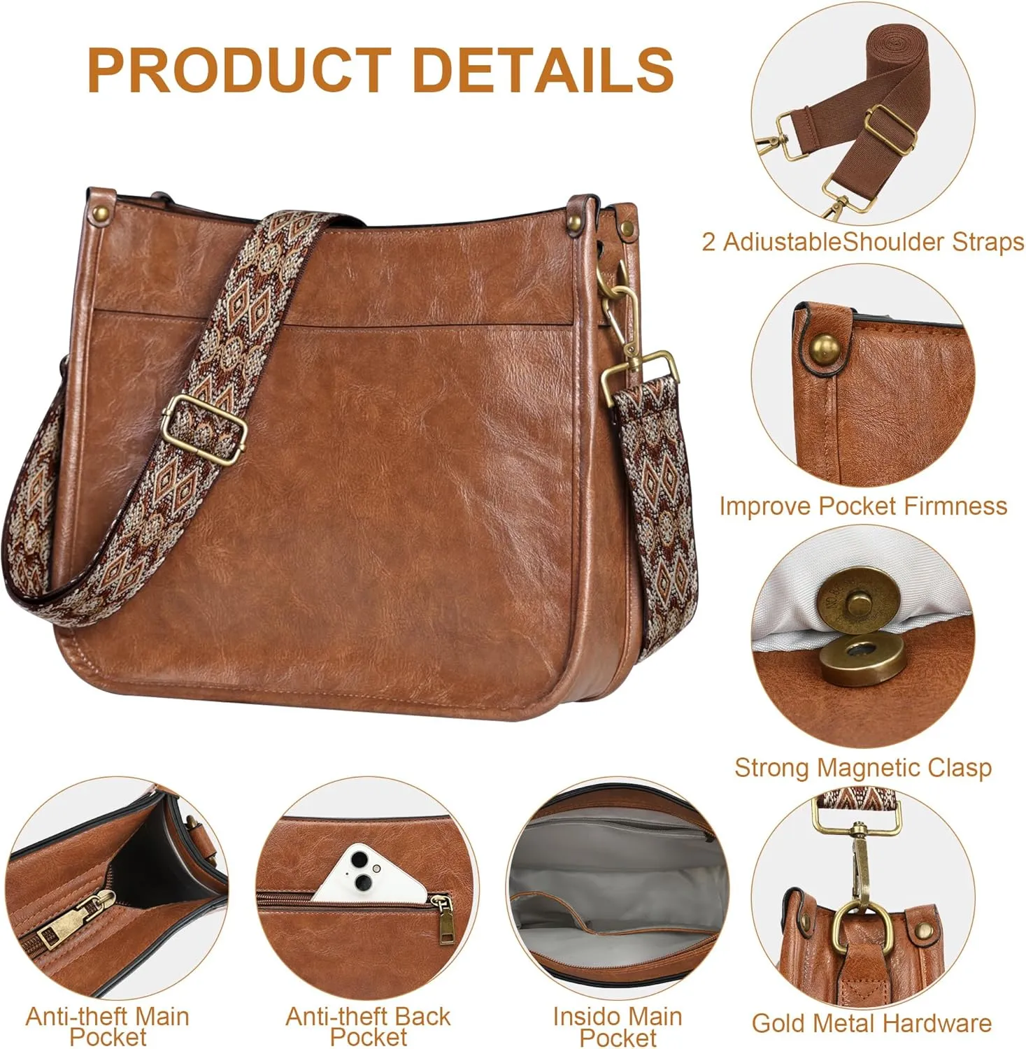 JAMfit Crossbody Bag for Women Vegan Leather Hobo Handbags Trendy Shoulder Purse Handbag With 2 Adjustable Strap
