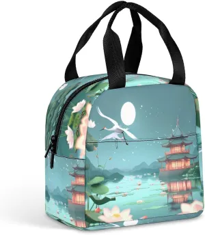 Japanese Palace Moon Crane Funny Reusable Lunch Bag Insulated Tote Box Cooler Food Handbags Case For Women Men 8.5 X 8 X 5 Inches