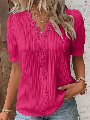 Jolene - V Neck Plain Lace Elegant Blouse