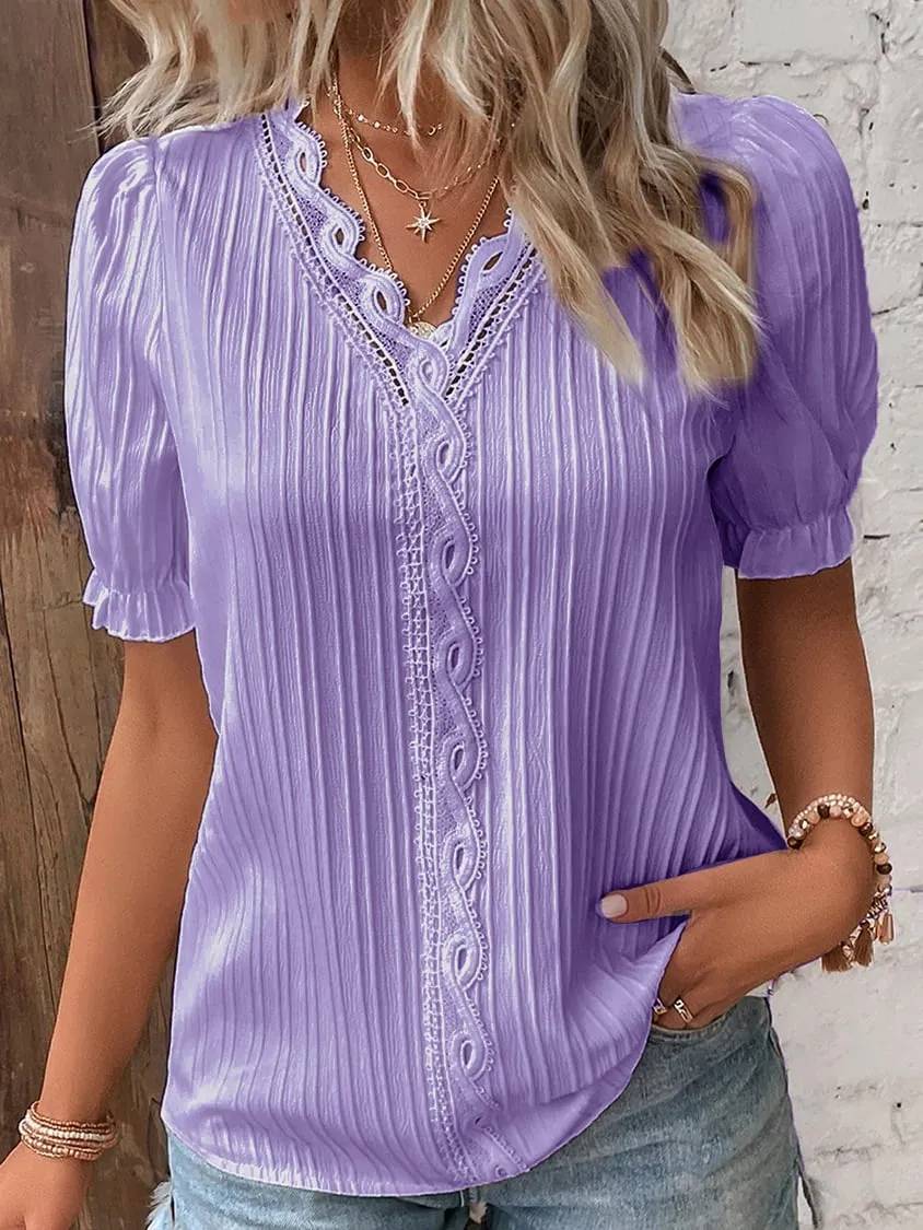 Jolene - V Neck Plain Lace Elegant Blouse