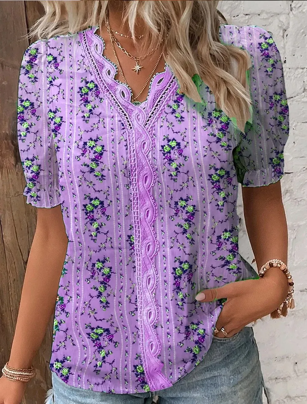 Jolene - V Neck Plain Lace Elegant Blouse