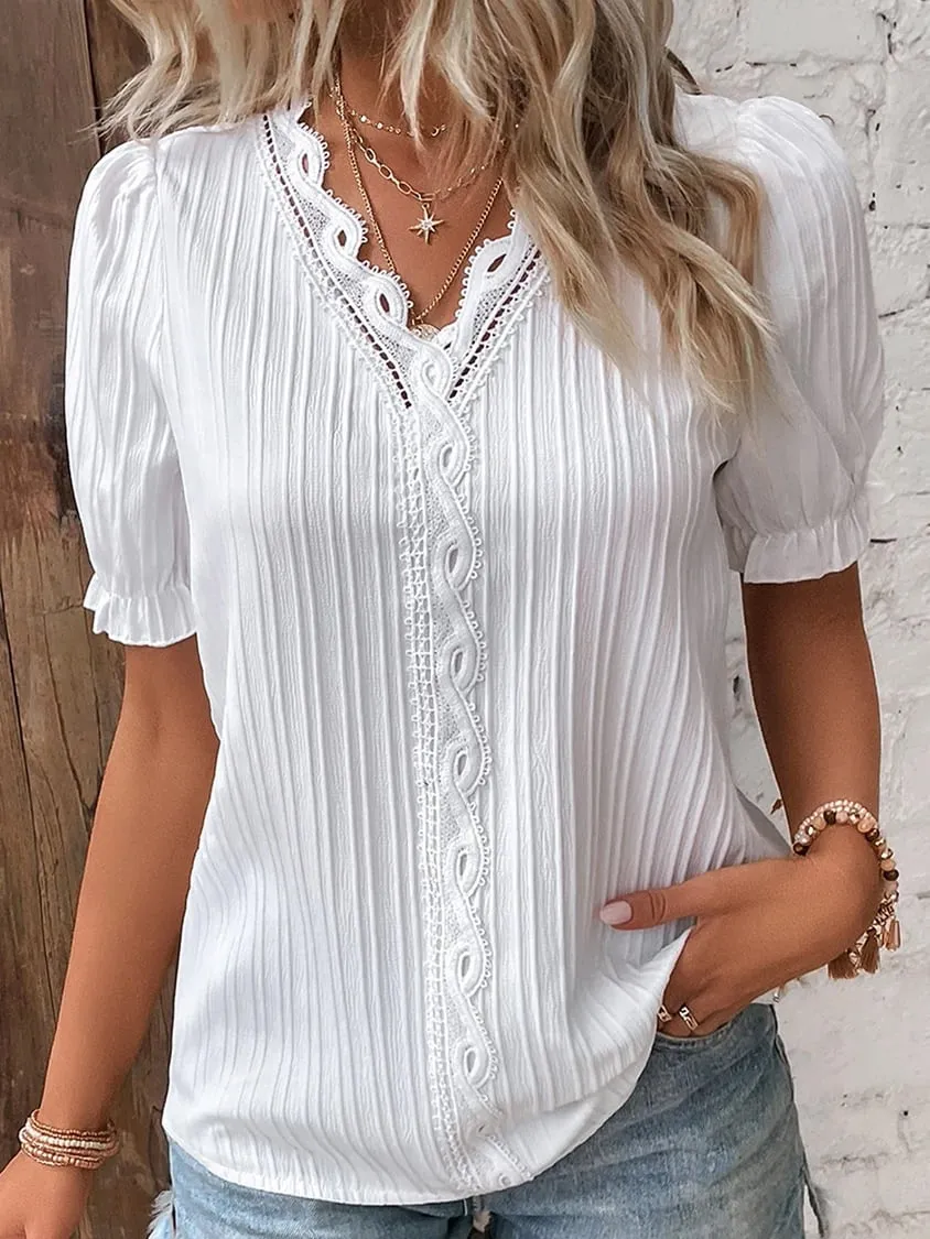 Jolene - V Neck Plain Lace Elegant Blouse