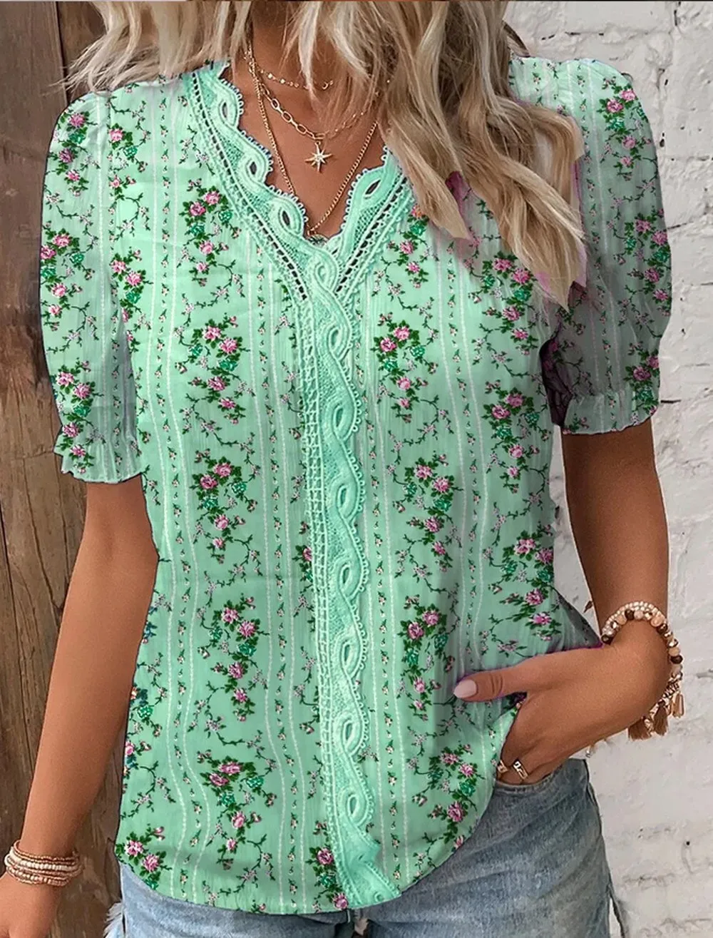 Jolene - V Neck Plain Lace Elegant Blouse
