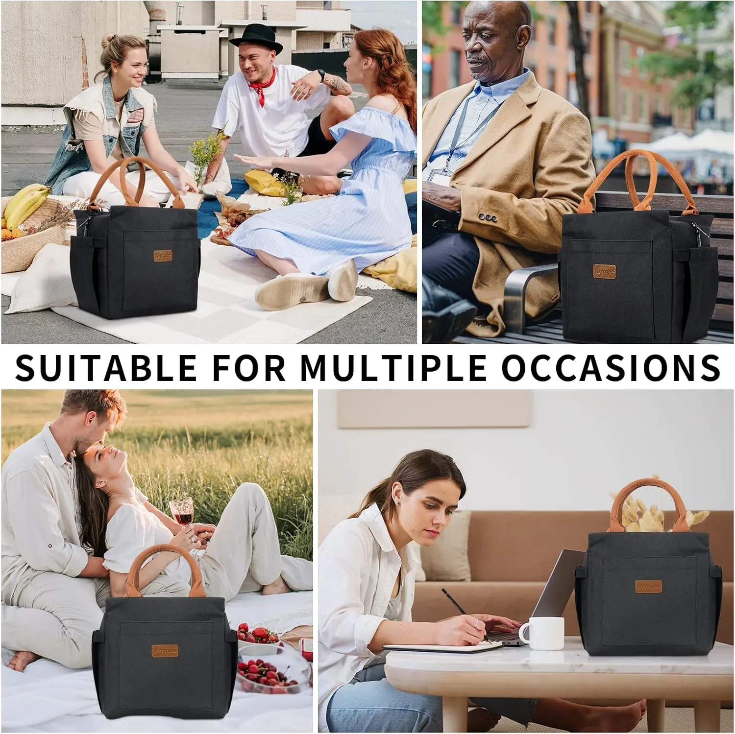 Joymee Lunch Bag Women Insulated Lunch Box with Adjustable Shoulder Strap Large Reusable Leakproof Spacious Cooler Tote for Women Men Adult with Bottle Holder and Side Pockets - Black