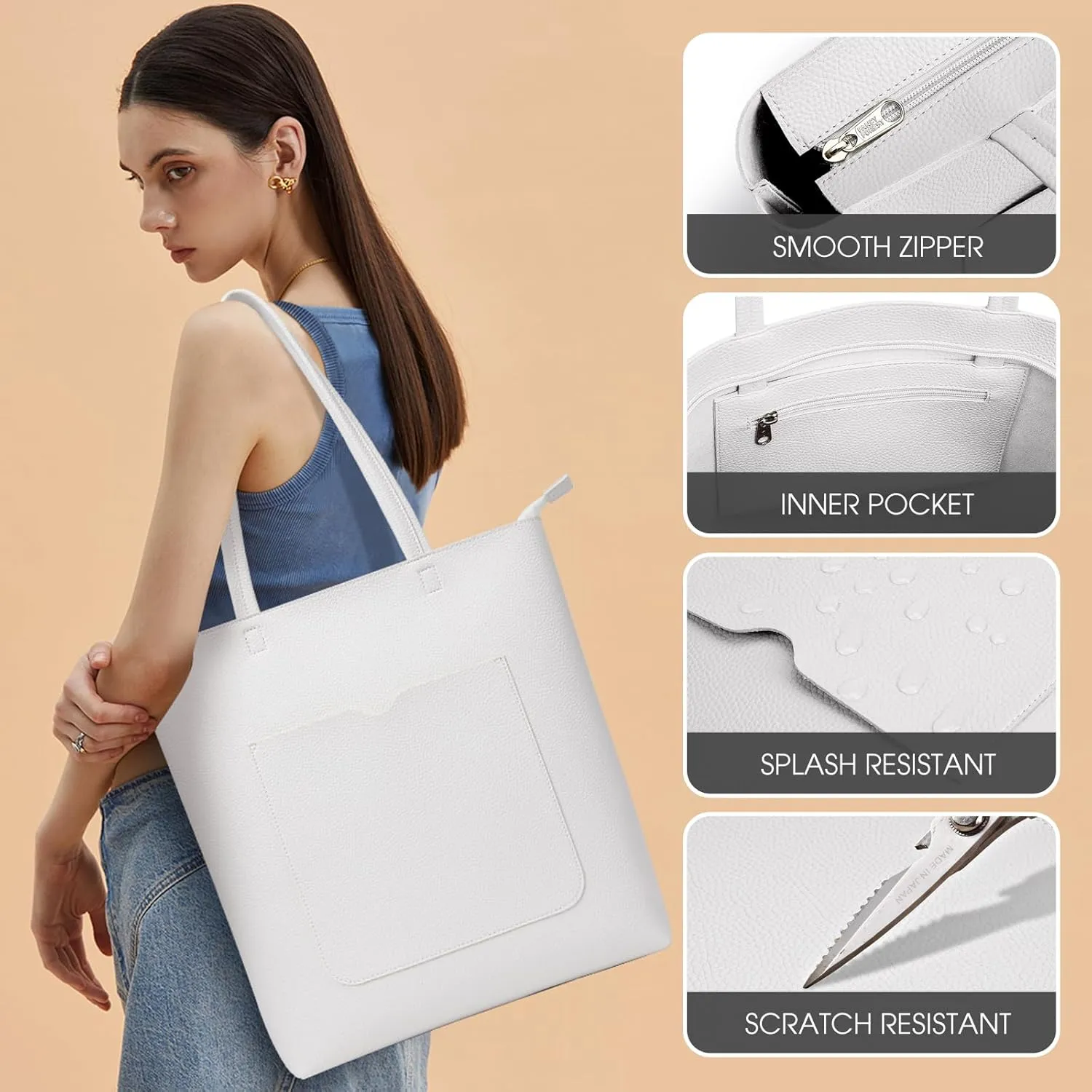 KALIDI Tote Bag Women Shoulder Bag Soft Vegan Leather Purse with Zipper Large Casual Handbags for 17'' Laptop Work Travel