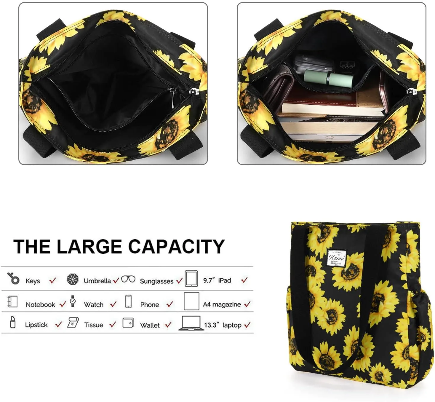 KAMO Floral Tote Bag - Waterproof Lightweight Handbags Travel Shoulder Bag for Hiking Yoga Gym Swimming Travel Beach
