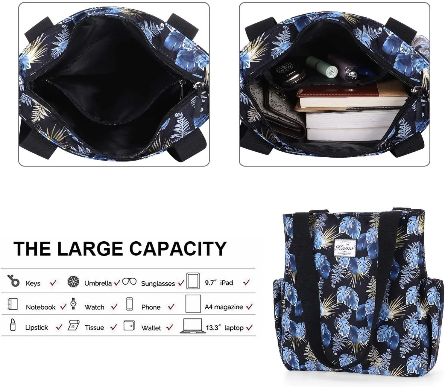 KAMO Floral Tote Bag - Waterproof Lightweight Handbags Travel Shoulder Bag for Hiking Yoga Gym Swimming Travel Beach