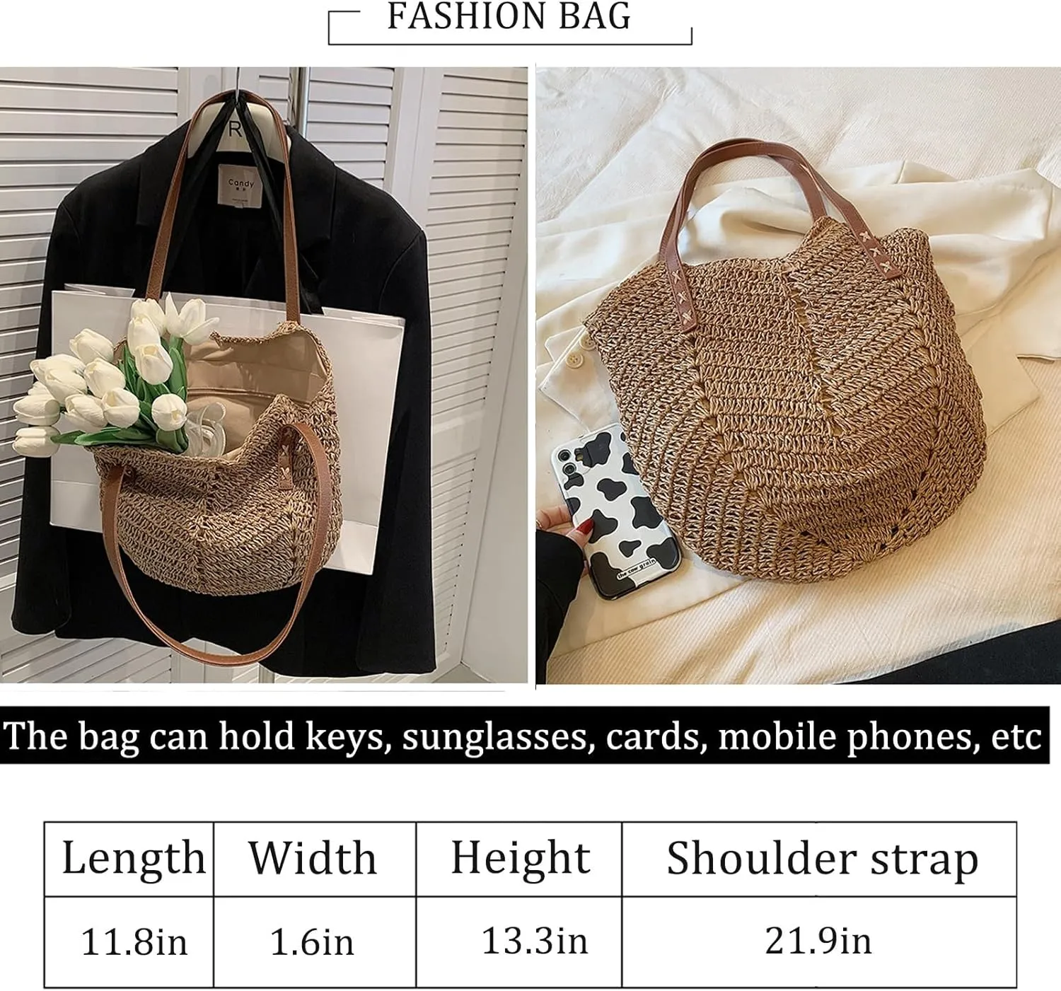 KARRESLY Straw Beach Tote Bag for Women Summer Woven Shoulder Handbags Large Straw Purse