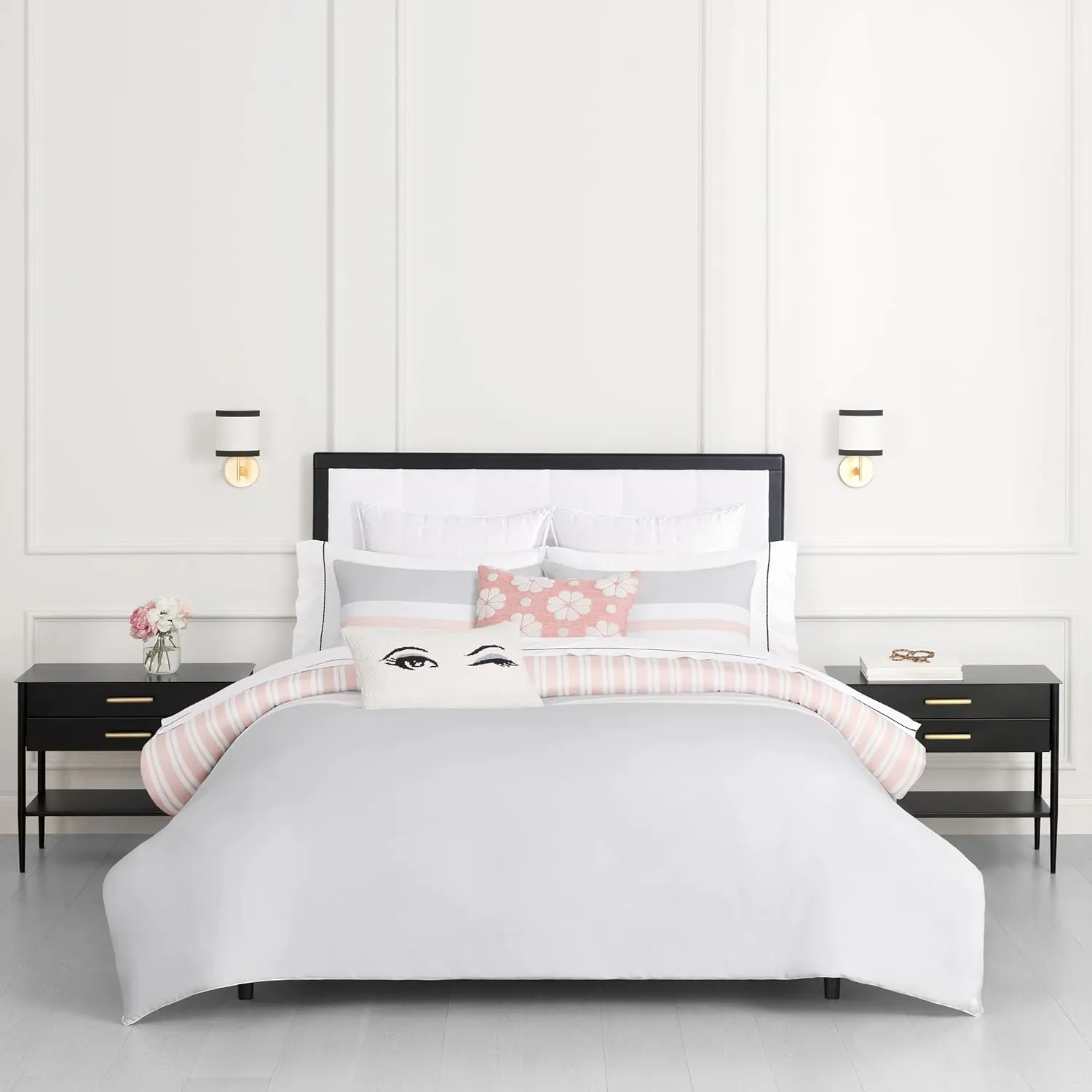 kate spade new york Engineered Stripe 3-Piece Full/Queen Comforter Set, 300 Thread Count and 100% Cotton Reversible Cover, All Season Warmth Bedding, Machine Washable, Pink and Grey