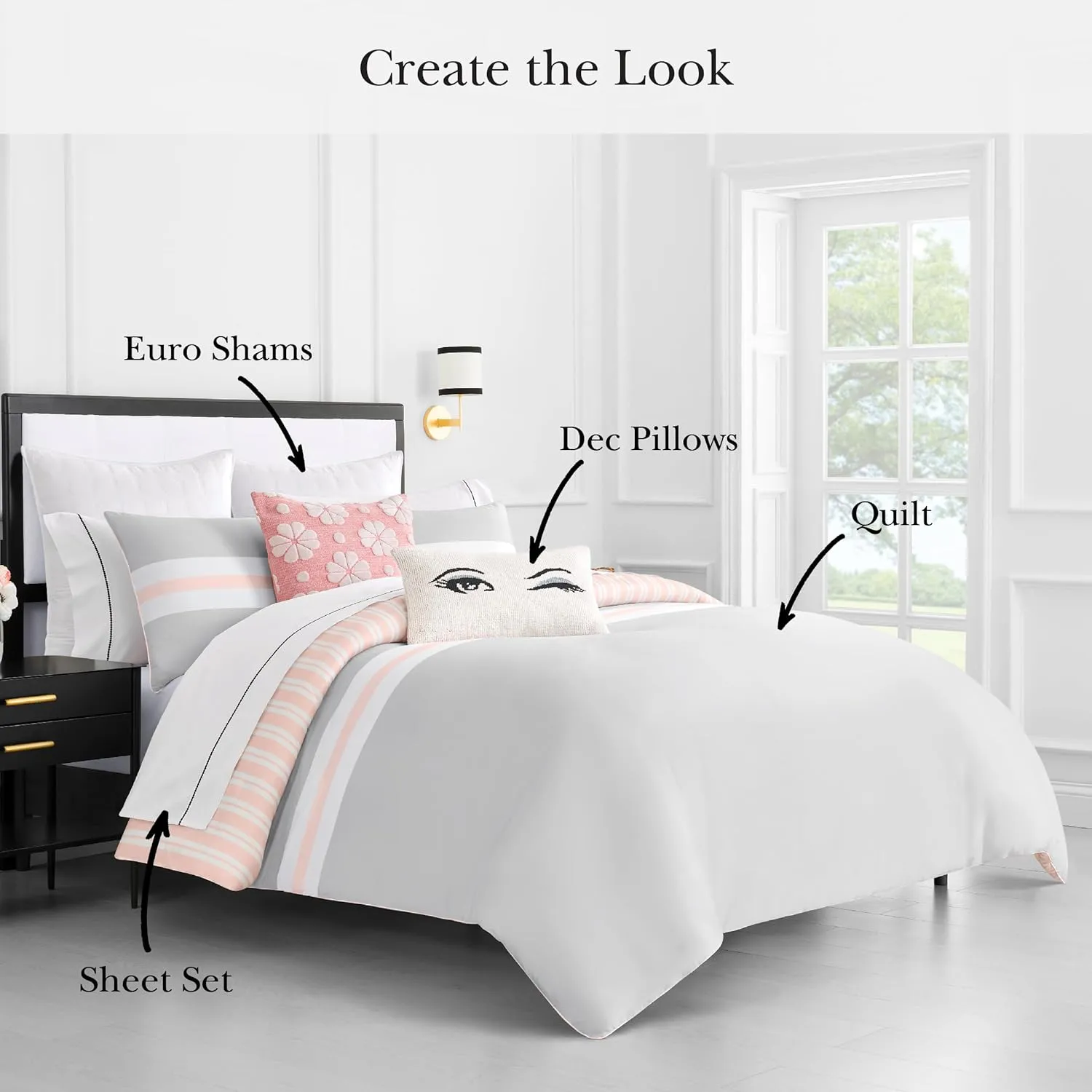 kate spade new york Engineered Stripe 3-Piece Full/Queen Comforter Set, 300 Thread Count and 100% Cotton Reversible Cover, All Season Warmth Bedding, Machine Washable, Pink and Grey