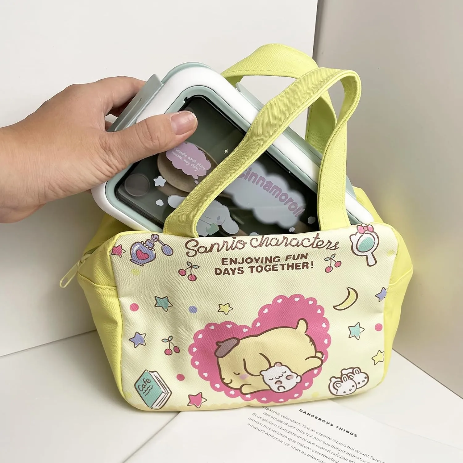 Kawaii Pudding Dog Insulated Lunch Bag with Pin for Women, Reusable Large Capacity Lunch Box, Leakproof Lunch Tote Bag with Front Pocket, Lunchbox Container Thermal Cooler Bag Food Handbags for Work