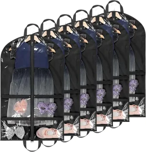 KEEGH Clear Garment Bags for Dance Costumes 40 inch Dance Garment Bags for Dancers Hanging Clothes for Closet Storage, with 4 Zipper Pockets for Dance Competitions, Ballet, Theatre, 6 Pack, Black
