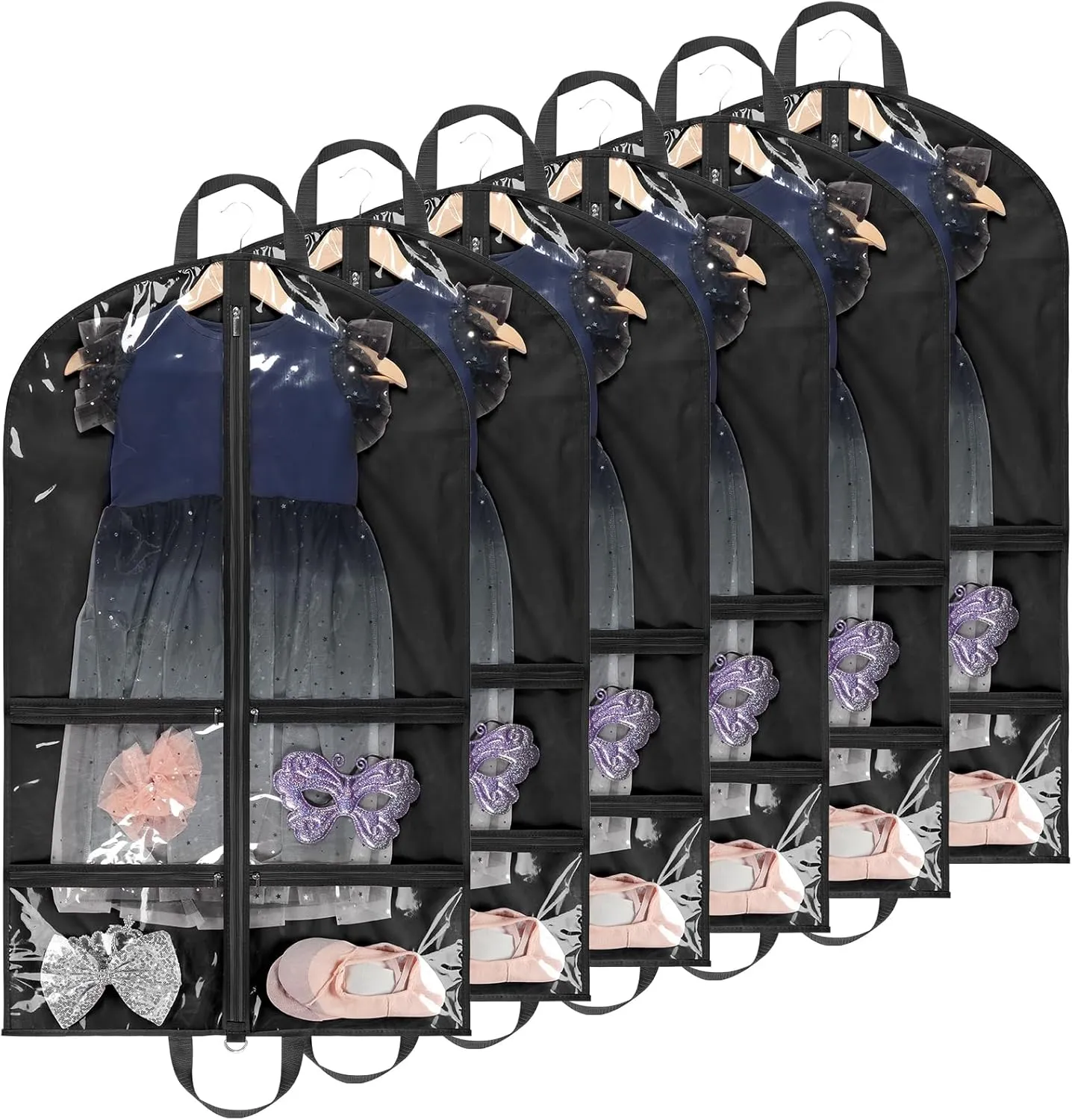 KEEGH Clear Garment Bags for Dance Costumes 40 inch Dance Garment Bags for Dancers Hanging Clothes for Closet Storage, with 4 Zipper Pockets for Dance Competitions, Ballet, Theatre, 6 Pack, Black
