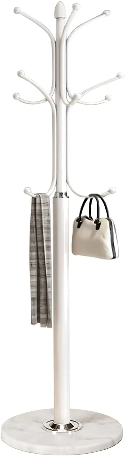 Kertnic Metal Coat Rack Stand with Natural Marble Base, Free Standing Hall Tree with 12 Hooks for Hanging Scarf, Bag, Jacket, Home Entry-way Hat Hanger Organizer (White)