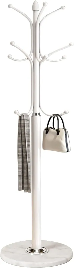 Kertnic Metal Coat Rack Stand with Natural Marble Base, Free Standing Hall Tree with 12 Hooks for Hanging Scarf, Bag, Jacket, Home Entry-way Hat Hanger Organizer (White)